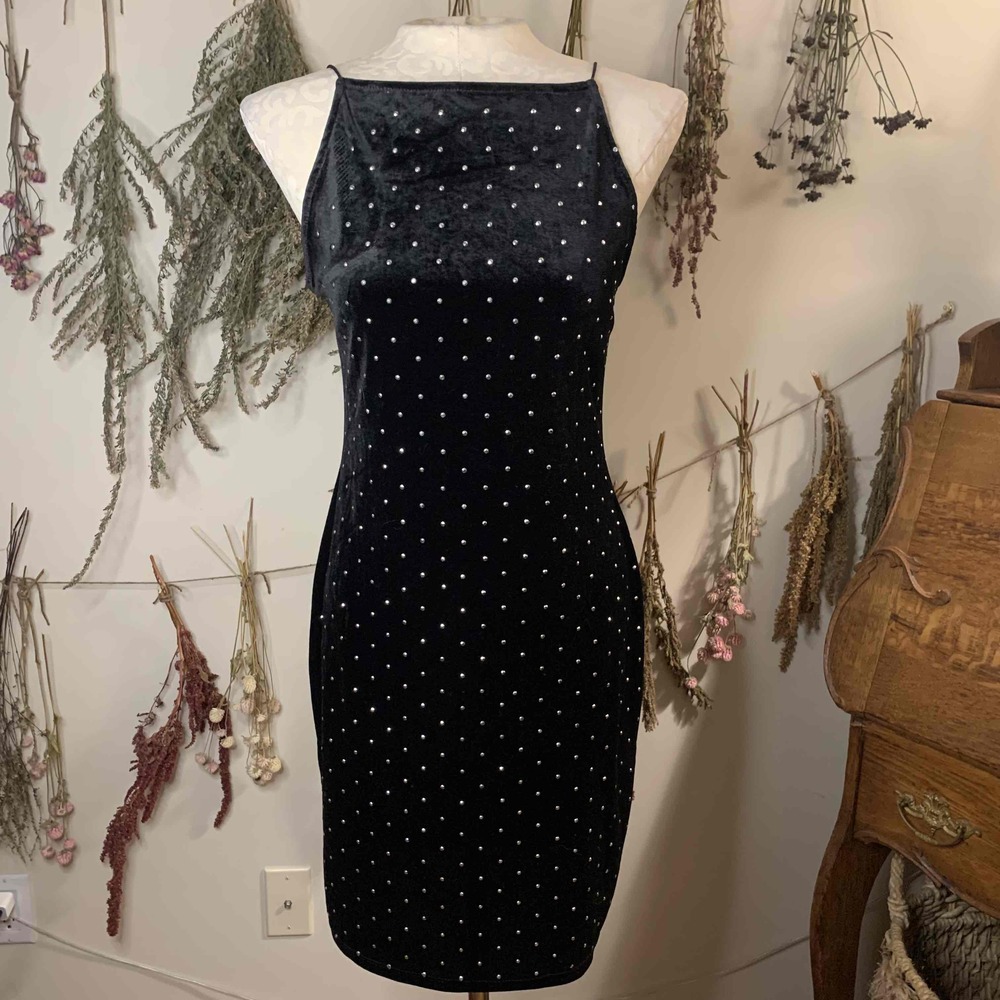 H&M Black Studded Rhinestone Square Neck Mini Dress Velvet Y2K Medium